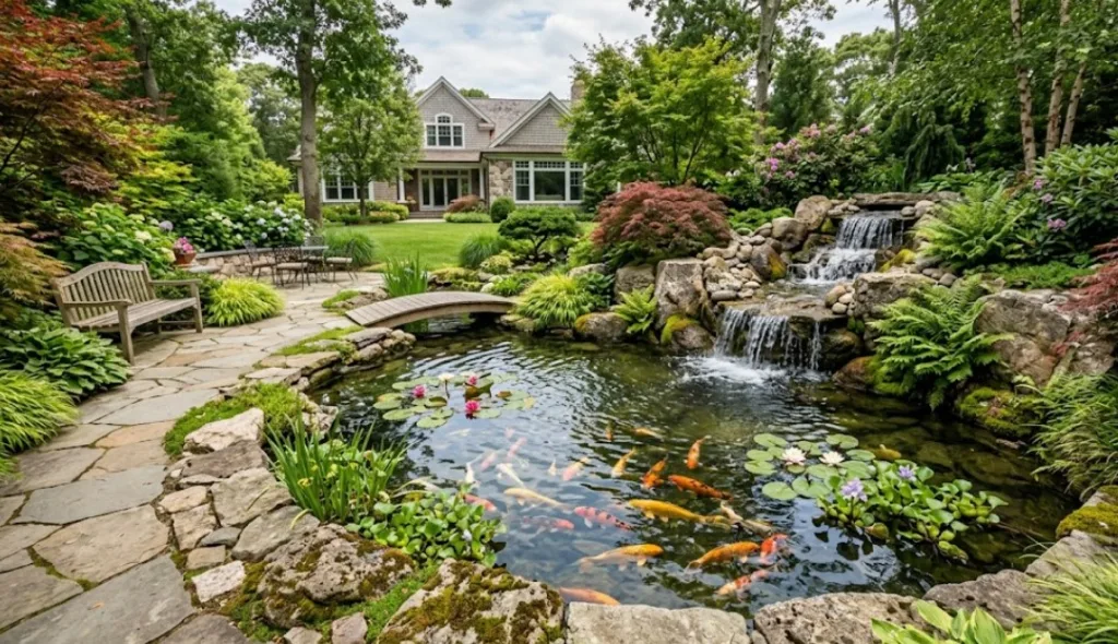 pond with waterfall Long Island